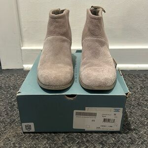 TOMS greige suede bootie with zipper heal.